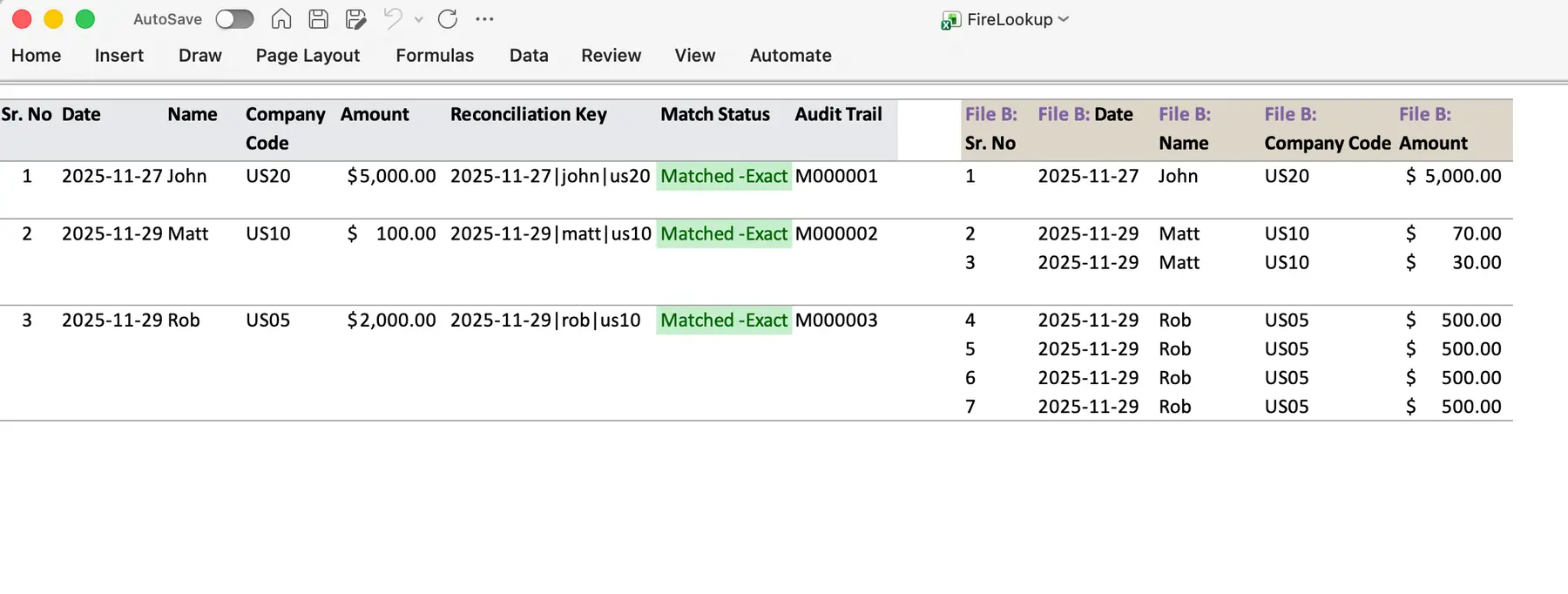 FireLookup spreadsheet reconciliation workflow showing uploaded files, matching rules, and review results